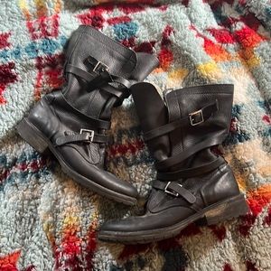 Real leather moto mid calf buckle boots black